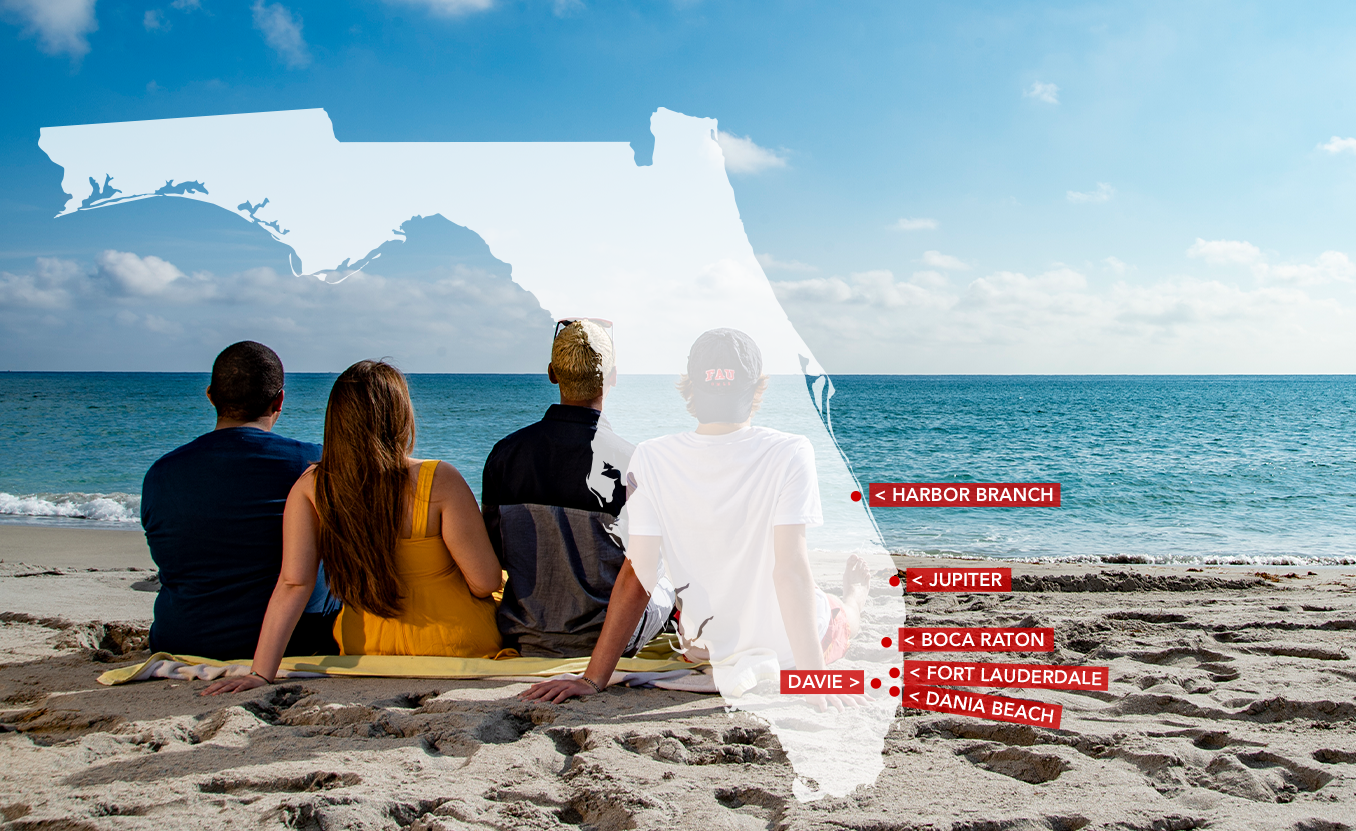 Three ֱ sitting on a towel on the beach. A map of florida overlays the image that reads out the 6 campus locations with arrows pointing to their location on the map. A red box sits in the top right corner that says '6 campuses 1 FAU'
